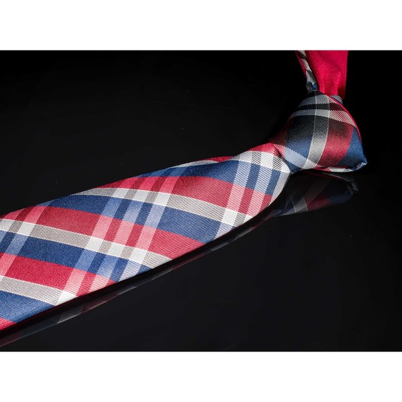 Countess Mara 100% Silk Tie Red White Blue Plaid Men's Designer Necktie Skinny - Picture 1 of 5